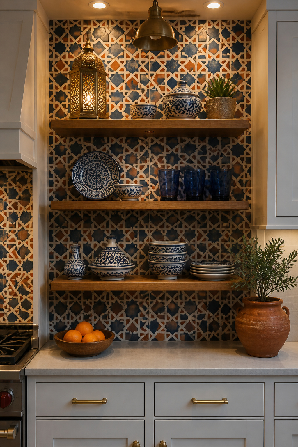 Moroccan geometric wallpaper in an alcove or inset zone creates a global design moment that references zellige tile craft at wallpaper prices.