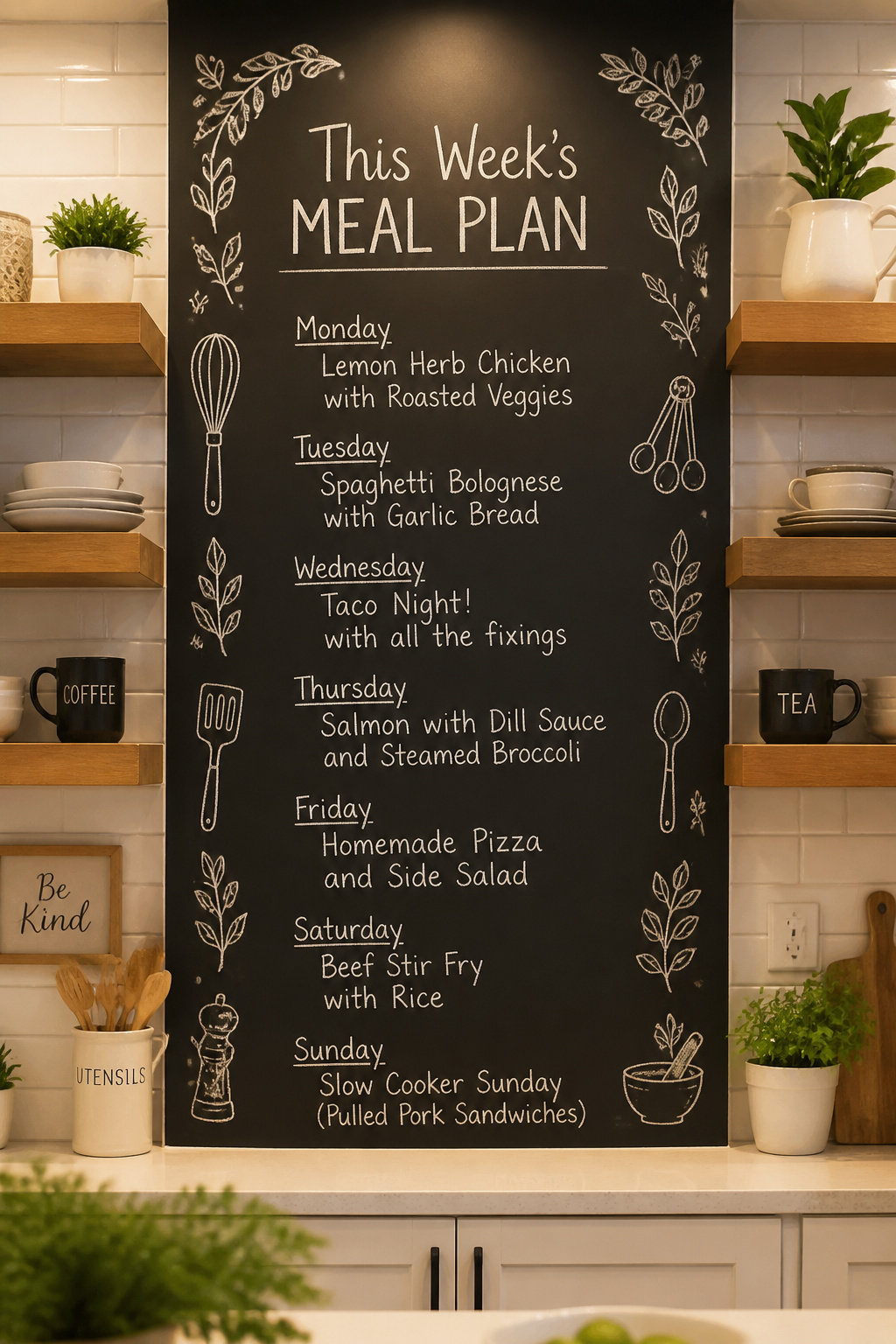 A chalkboard wallpaper panel becomes the household's most-used surface — weekly menus, shopping lists, and dinner notes all in one place.