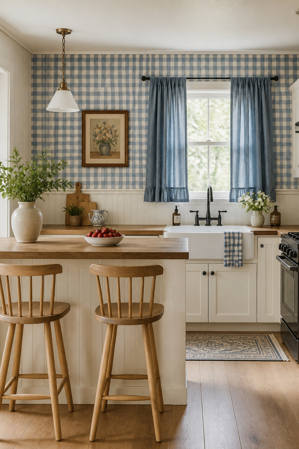Dusty blue gingham wallpaper in a contemporary kitchen reads as fresh and sophisticated rather than retro when paired with matte black fixtures.