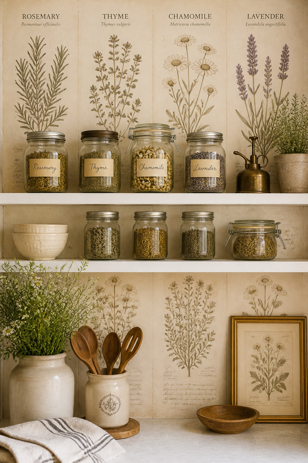 Vintage botanical herb illustration wallpaper gives a pantry wall the look of a well-loved kitchen with decades of character.