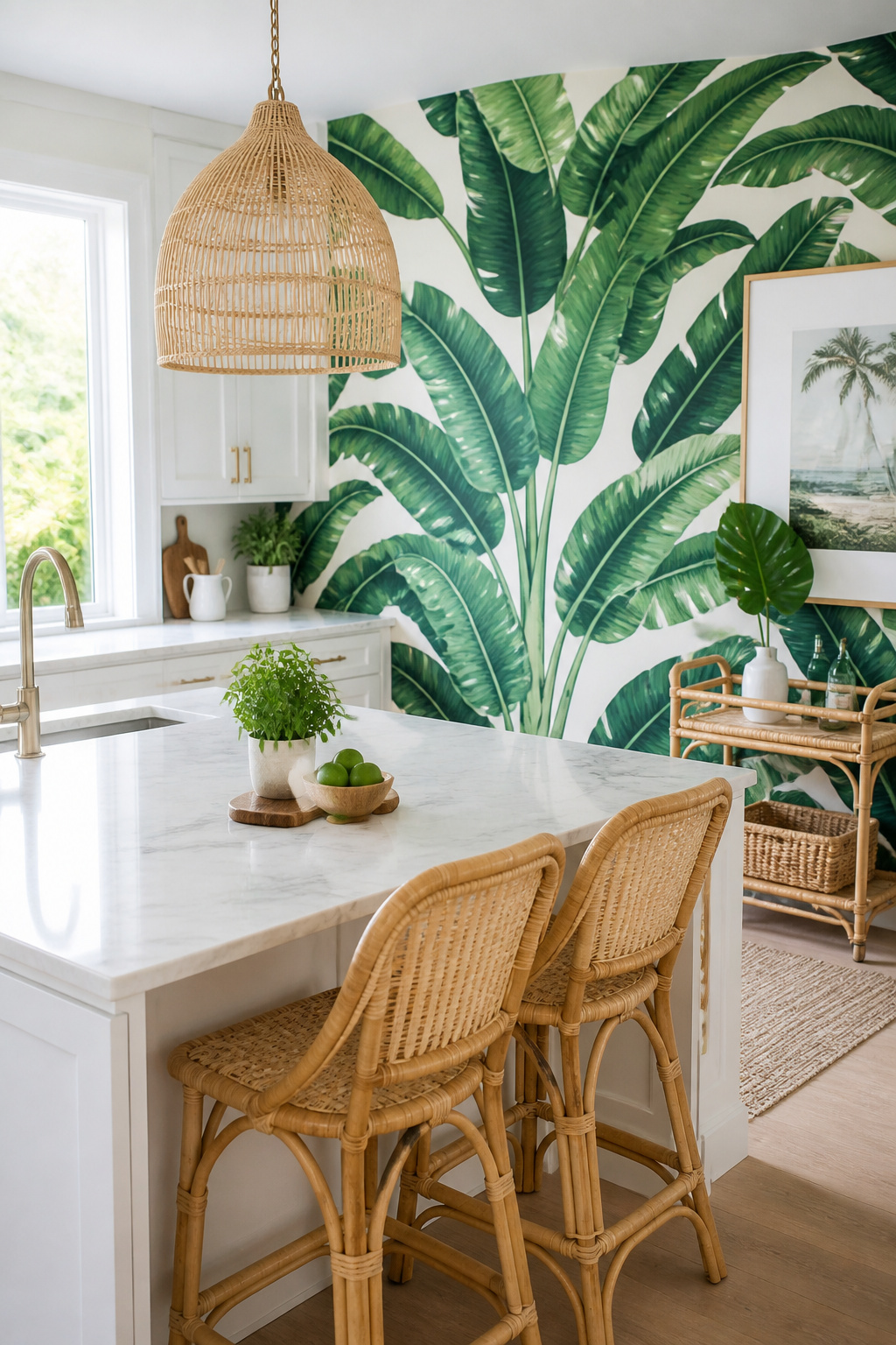 Large-scale tropical banana leaf wallpaper on a single kitchen wall creates energy and freshness behind a rattan-styled island.