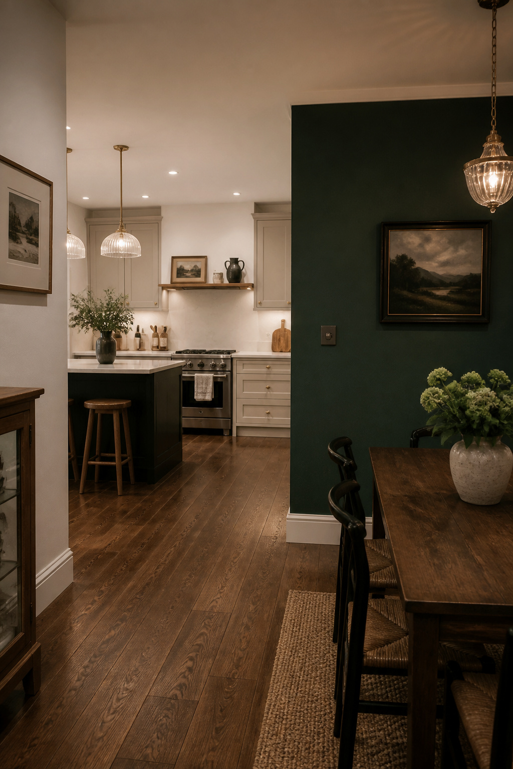 A single forest green colour-block wallpaper wall defines the kitchen zone in an open-plan space without any physical partition.