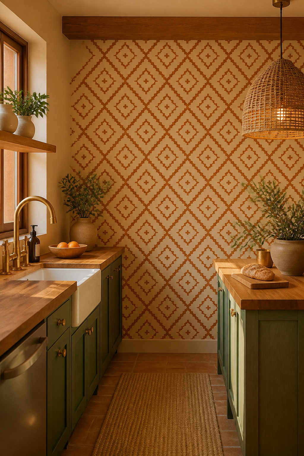 A muted terracotta geometric on the end wall anchors a kitchen with colour psychology's most appetite-stimulating earth tone.