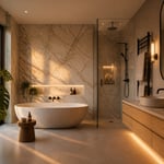 A curated modern bathroom bringing together floating vanity, stone feature wall, frameless glass shower, and wabi-sabi accessories — all the elements of considered modern bathroom decoration in one cohesive space.