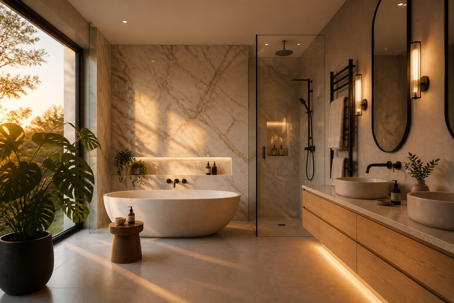 A curated modern bathroom bringing together floating vanity, stone feature wall, frameless glass shower, and wabi-sabi accessories — all the elements of considered modern bathroom decoration in one cohesive space.