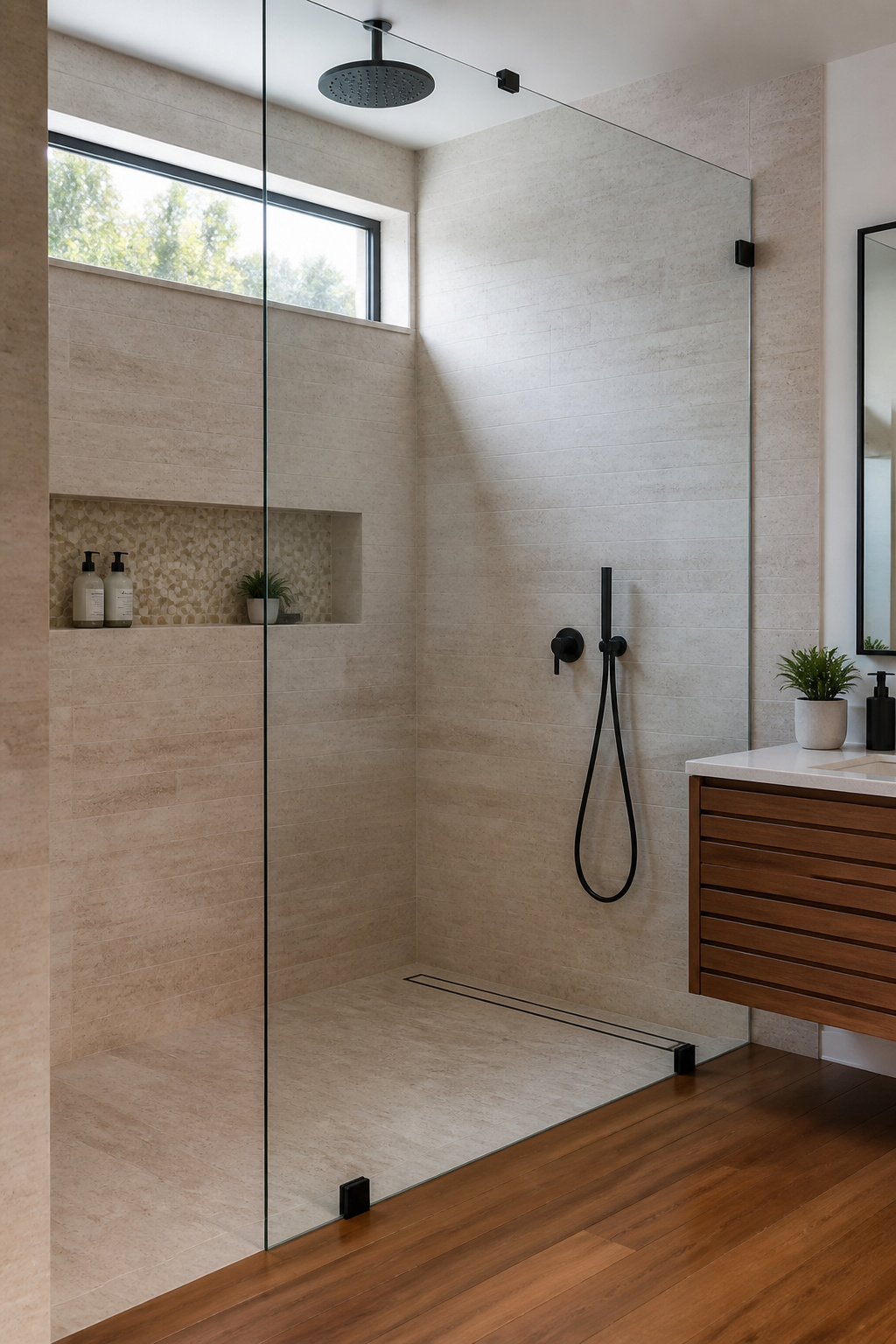 A frameless glass shower with matte-black hardware maintains visual continuity across the bathroom — the tile work reads as the hero, uninterrupted.