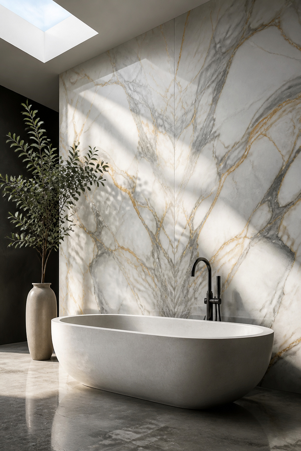A book-matched Calacatta marble wall transforms a bathroom into a space with a genuine centrepiece — the most dramatic single-surface decision in modern bathroom decoration.