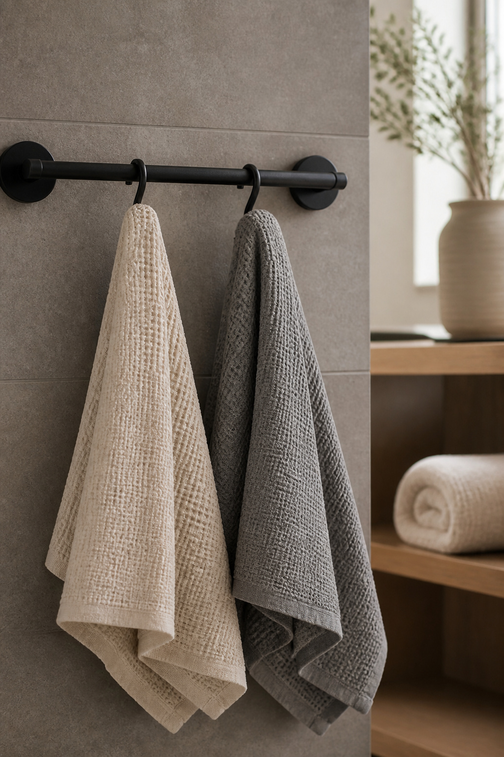 A two-tone waffle-linen textile palette — natural cream and stone grey — treated as a deliberate modern bathroom decor decision rather than a default department-store choice.
