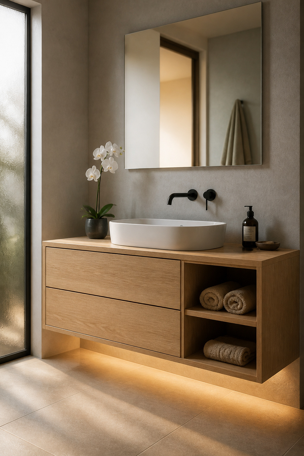 A floating oak vanity with LED toe-kick lighting creates the sense of weightlessness that defines considered modern bathroom decoration.
