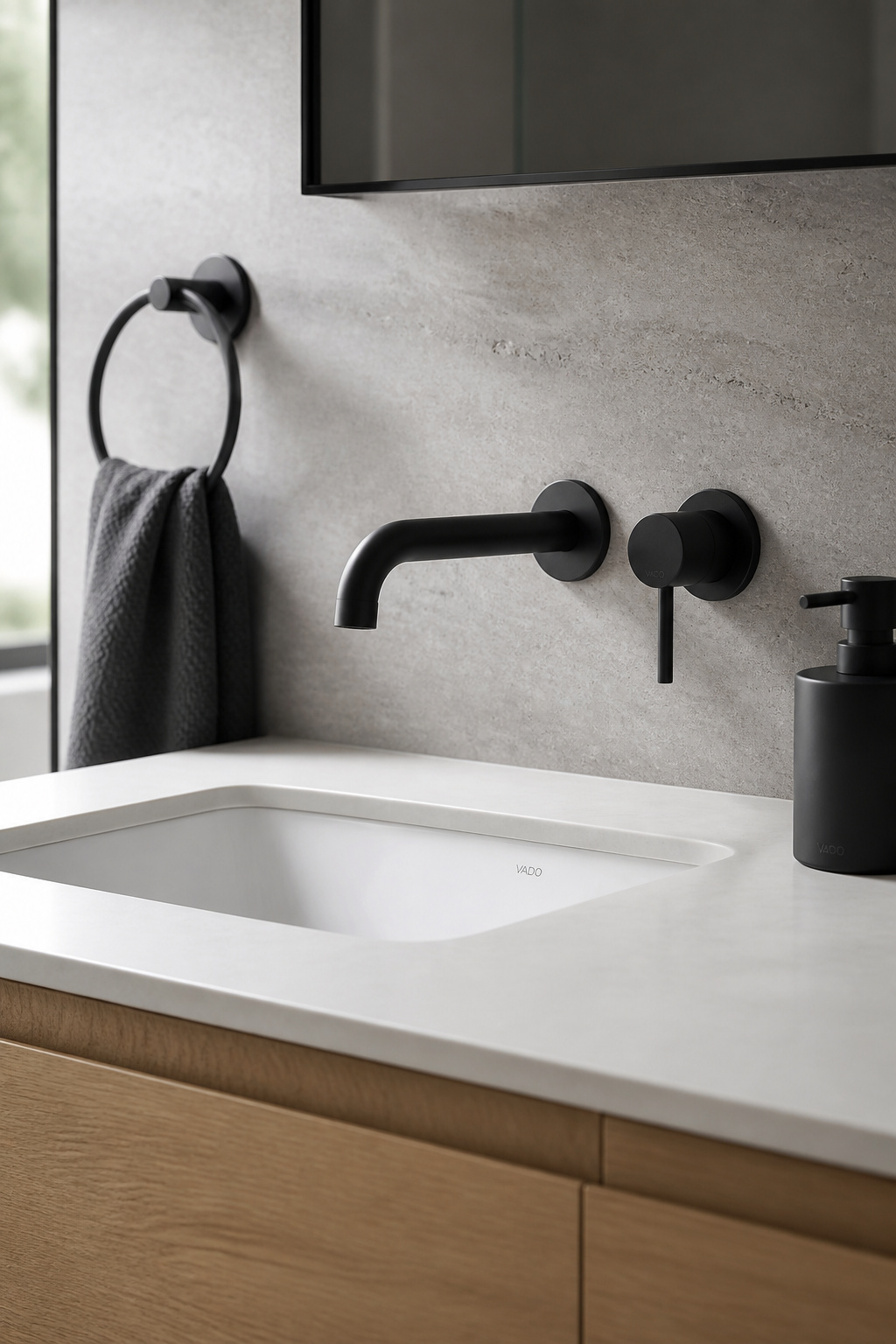 A coherent matte-black fixture language — tapware, towel rail, and accessories all in matching PVD finish — defines the character of the entire modern bathroom design scheme.