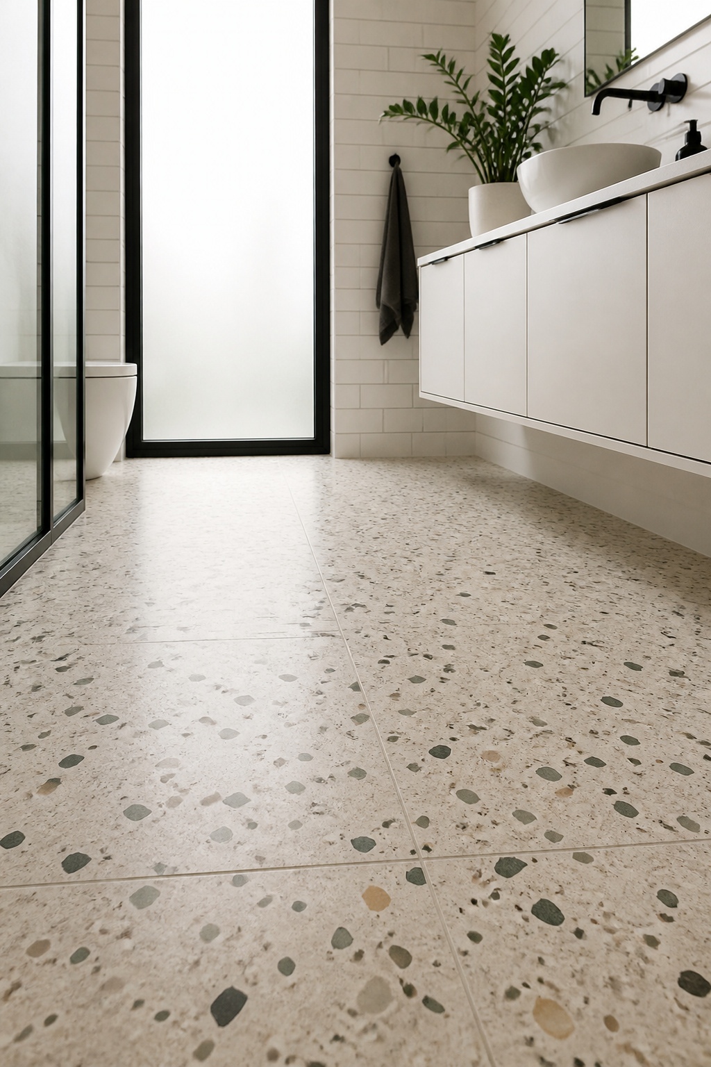 Matte-finish terrazzo in a warm cream and green chip palette pairs with matte-black fixtures for a contemporary bathroom decor statement that is both material-rich and visually restrained.