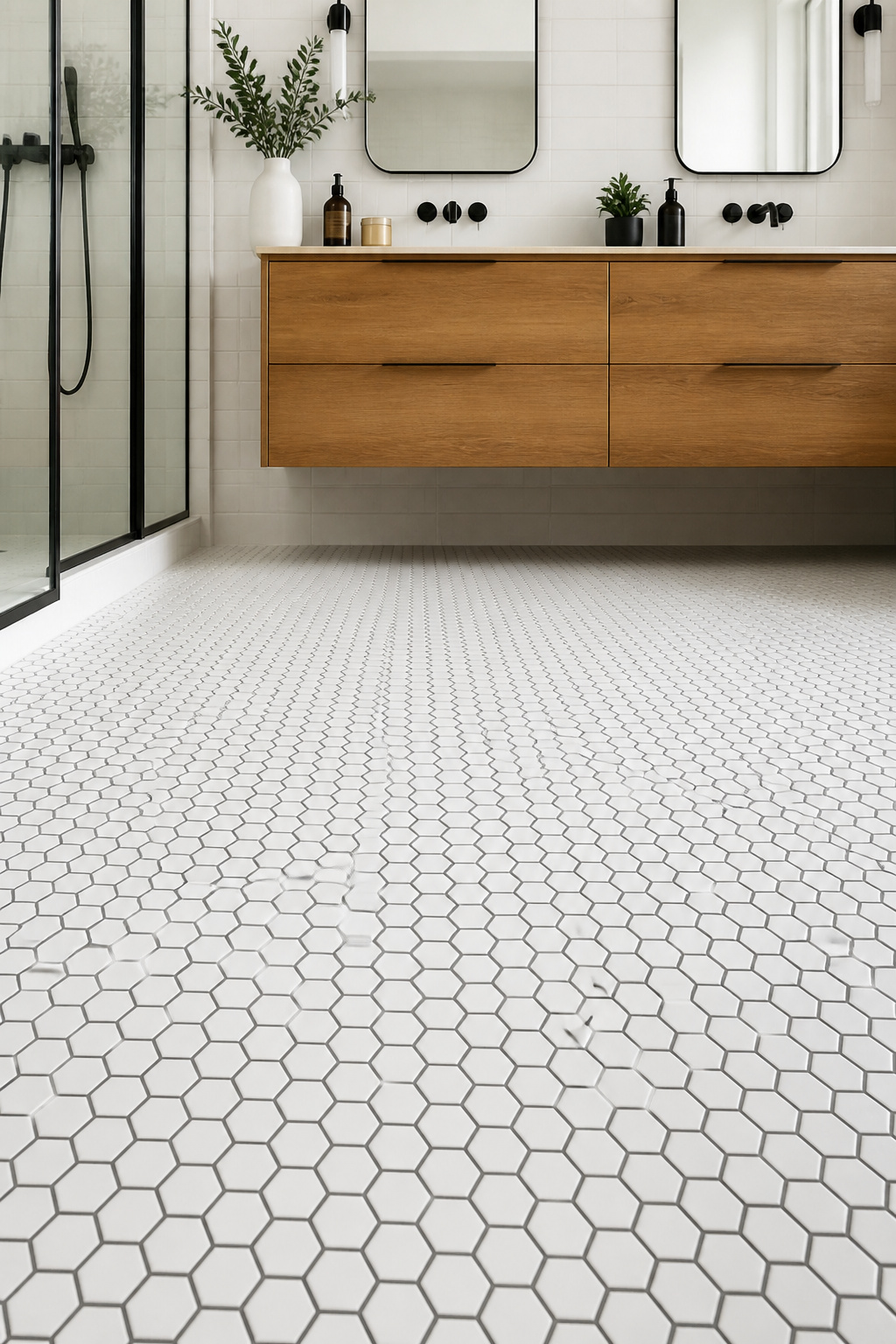 Small white hexagon tiles with dark contrasting grout read as texture from a distance and reveal their geometric personality on closer inspection.