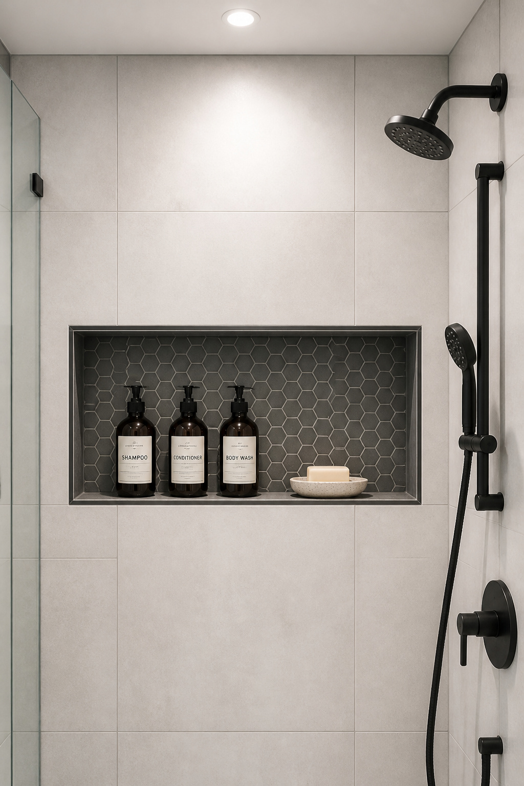 A shower niche tiled in contrasting mosaic becomes a deliberate display moment — the most architecturally resolved storage decision in modern bathroom decoration.