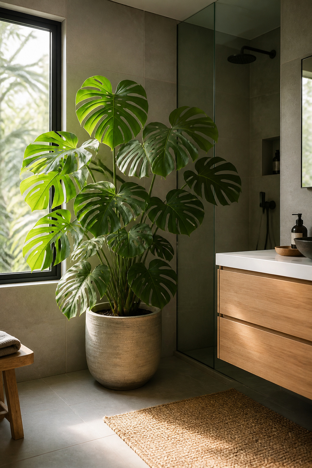 A Monstera deliciosa in a hand-thrown ceramic pot brings the one element of organic unpredictability that a considered modern bathroom decoration scheme needs.