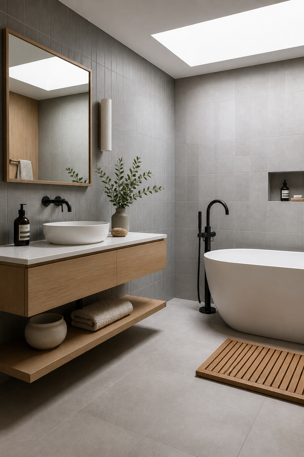 The warm-cool dialogue between white oak and grey ceramic tile is the material foundation of a Japandi-influenced modern bathroom decoration scheme.