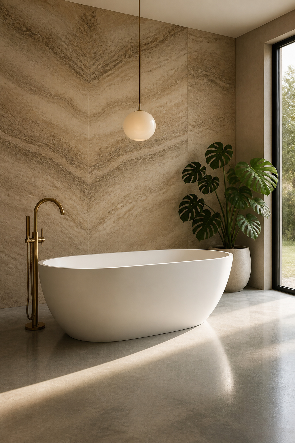 A stone-resin oval tub positioned as sculpture against a travertine wall creates the centrepiece of a bathroom designed for presence rather than efficiency.