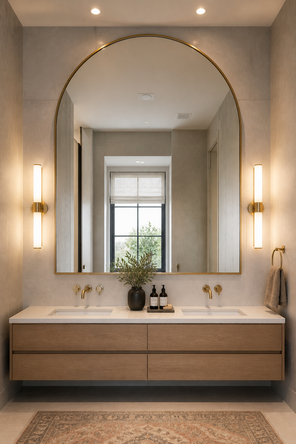 An oversized arched mirror with a brushed-brass frame becomes the architectural centrepiece of the vanity wall — the single most impactful modern bathroom decoration upgrade per pound spent.