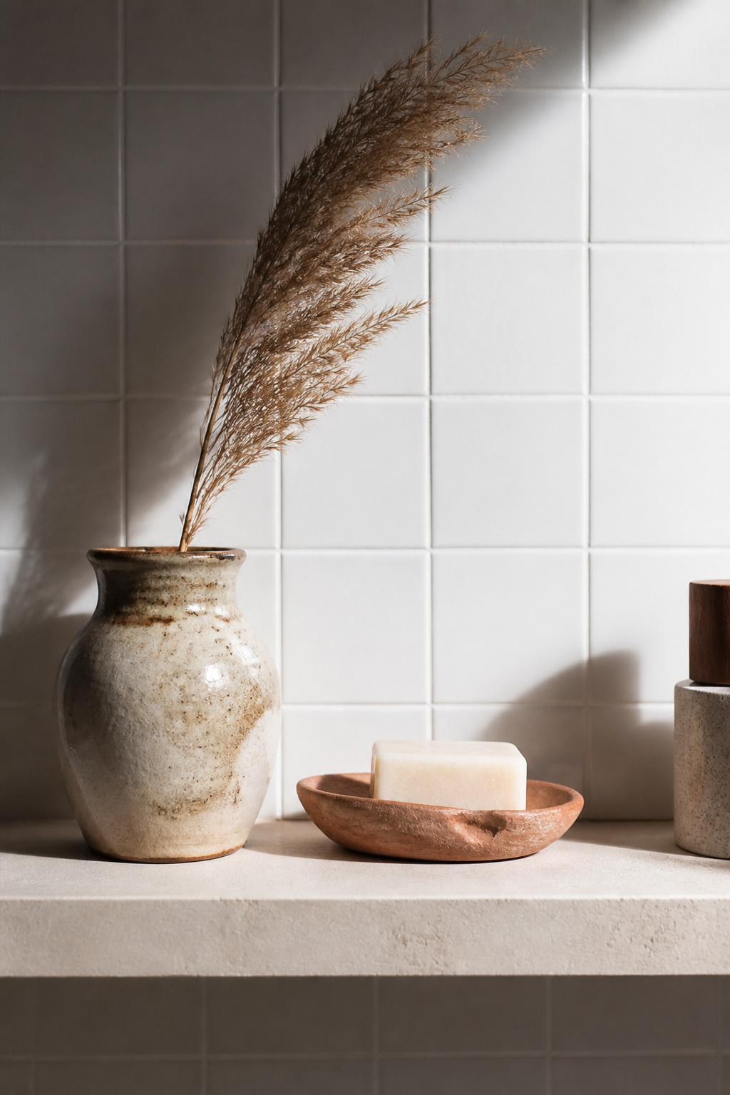 Three handmade objects — a ceramic vessel, an unglazed soap dish, a dried botanical — form a wabi-sabi vignette within a modern bathroom decoration scheme built on precision.