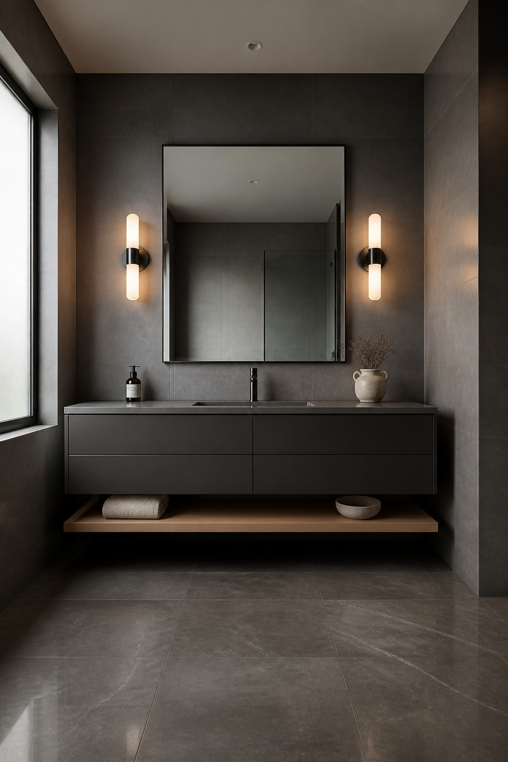 A monochromatic grey palette layered across matte and gloss surfaces creates depth without the distraction of colour.