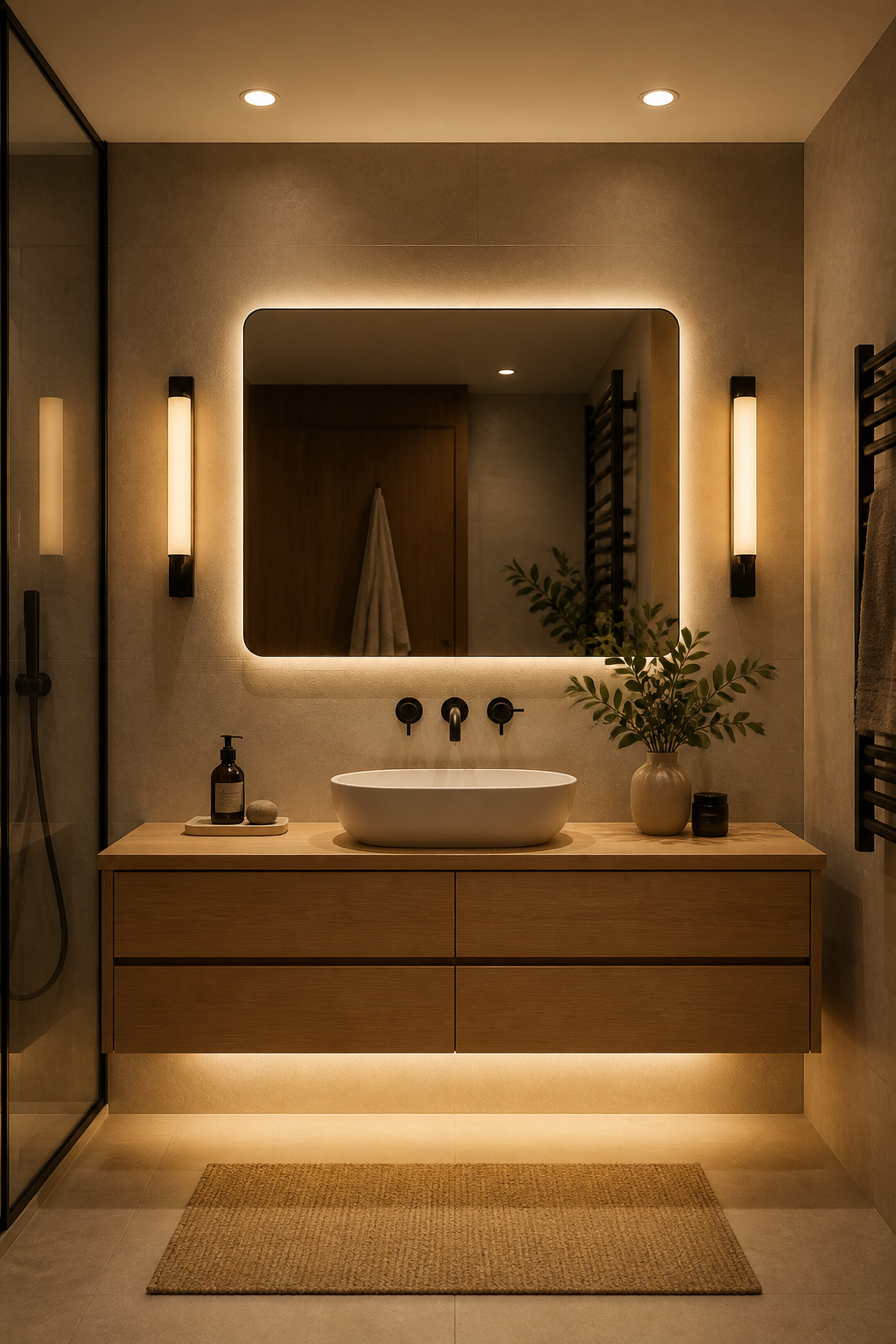 Three independent lighting circuits — ambient ceiling, task sconces, and under-vanity accent — create the layered atmosphere that defines sophisticated modern bathroom decoration.