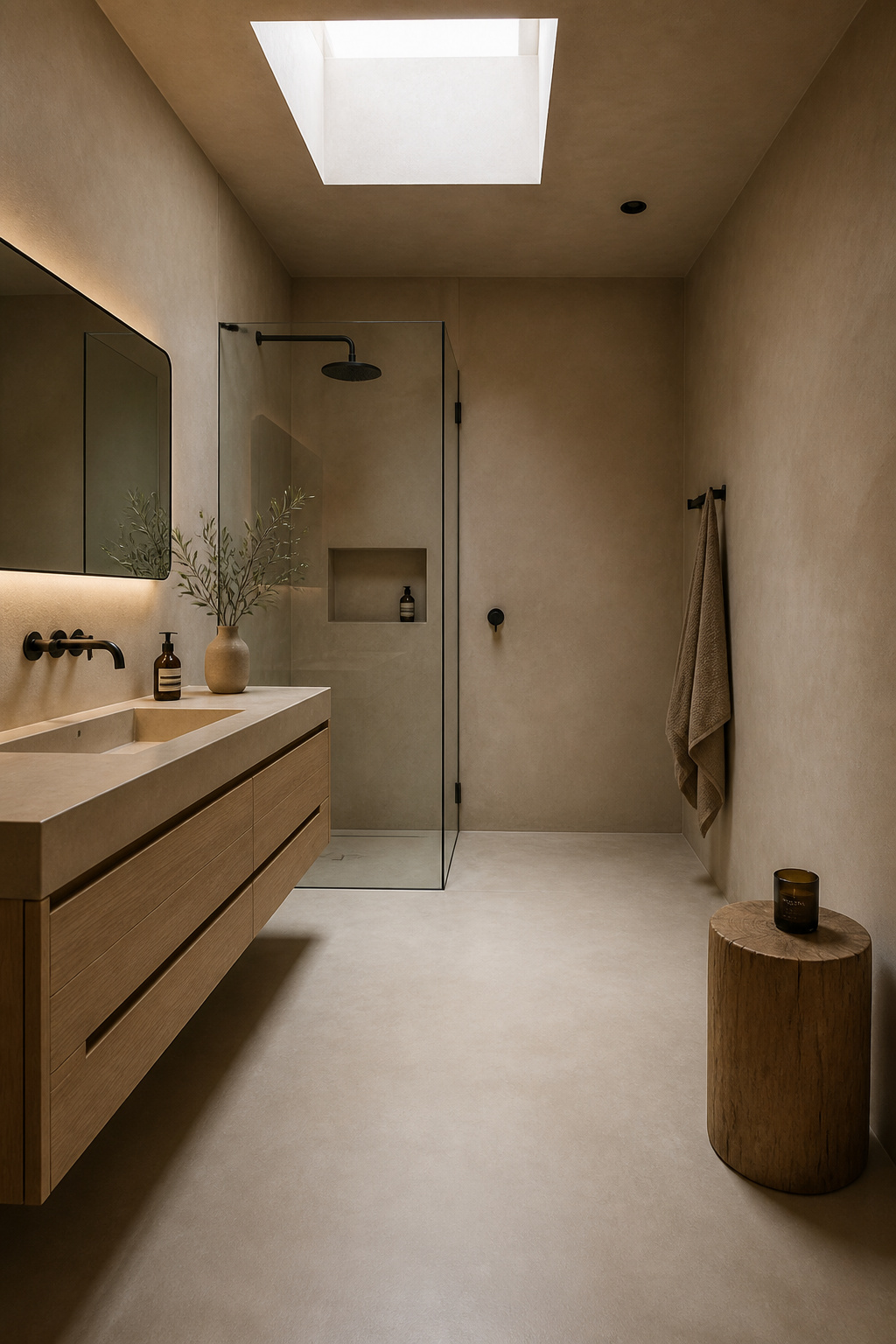 Warm putty-toned microcement on walls and floor creates the seamless, shaped quality that tile cannot replicate — a defining characteristic of modern bathroom decoration at its most material-honest.