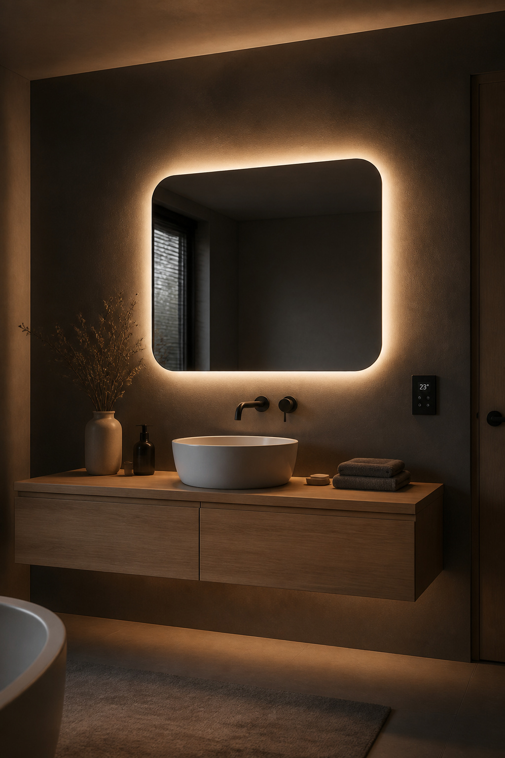 A smart LED mirror with integrated anti-fog and dimmable backlighting floats invisibly on the wall — technology in service of modern bathroom decoration, not competing with it.