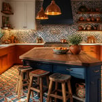 A Latin American-inspired kitchen renovation featuring handcrafted Talavera tile, terracotta cabinetry, copper pendant lights, and patterned encaustic floor tiles. Every surface speaks to artisanal tradition and considered design.