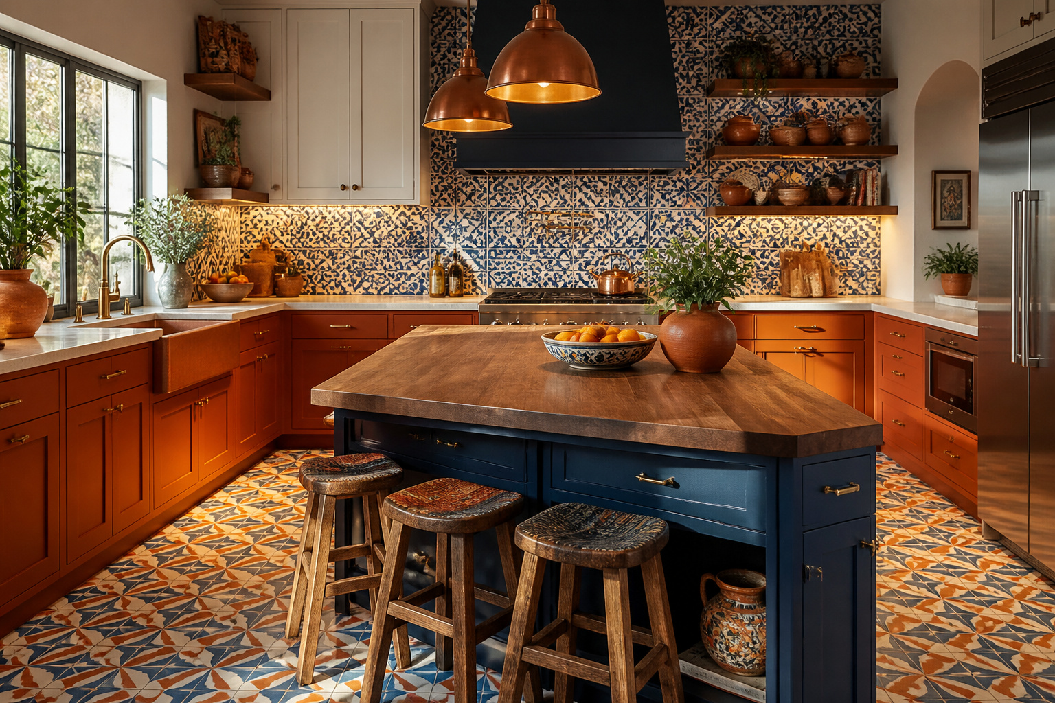 A Latin American-inspired kitchen renovation featuring handcrafted Talavera tile, terracotta cabinetry, copper pendant lights, and patterned encaustic floor tiles. Every surface speaks to artisanal tradition and considered design.