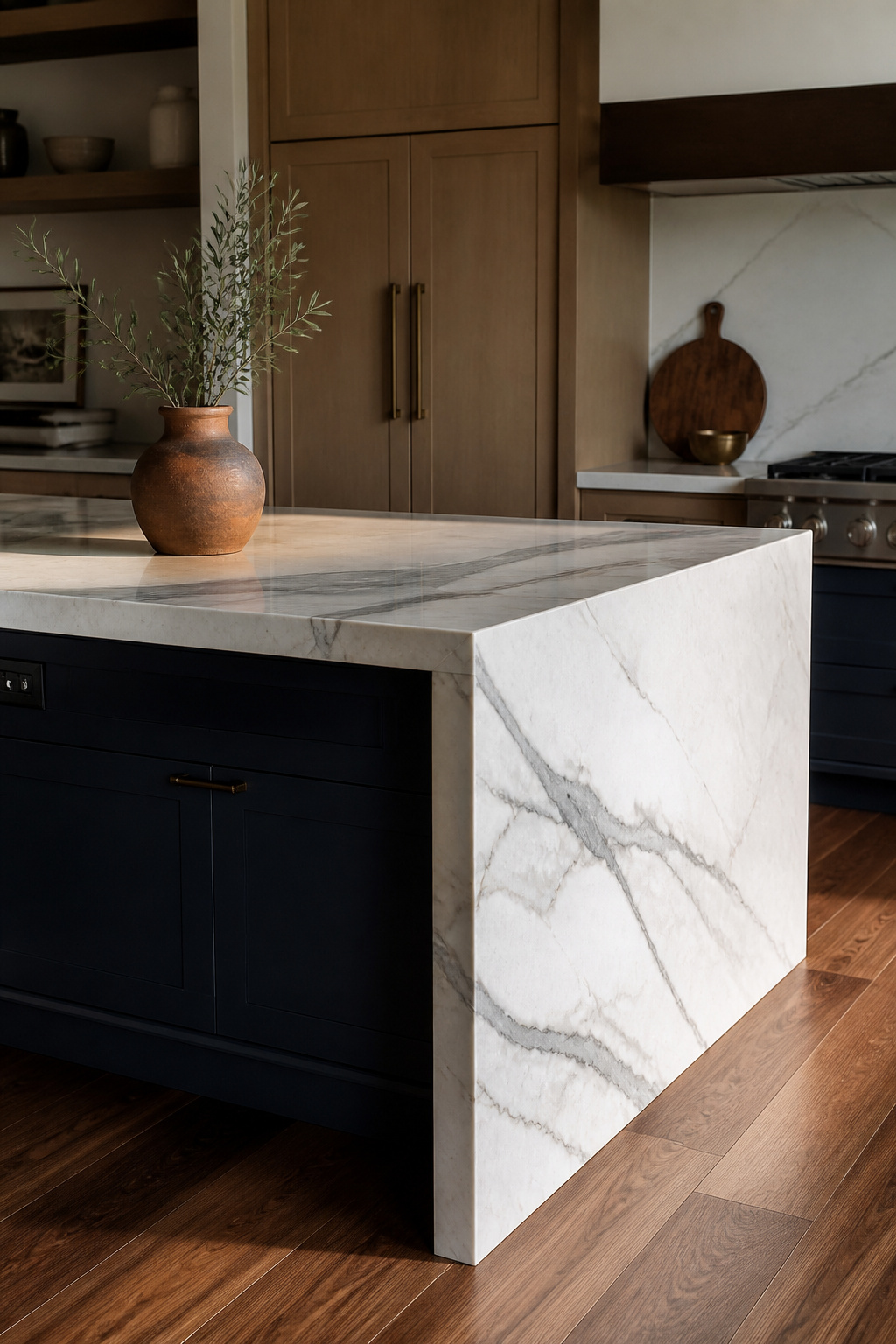 A quartzite waterfall edge — where the stone runs continuously down the island's side — is one of the most impactful countertop details in contemporary kitchen renovation. The natural veining flows around the corner as one continuous piece.