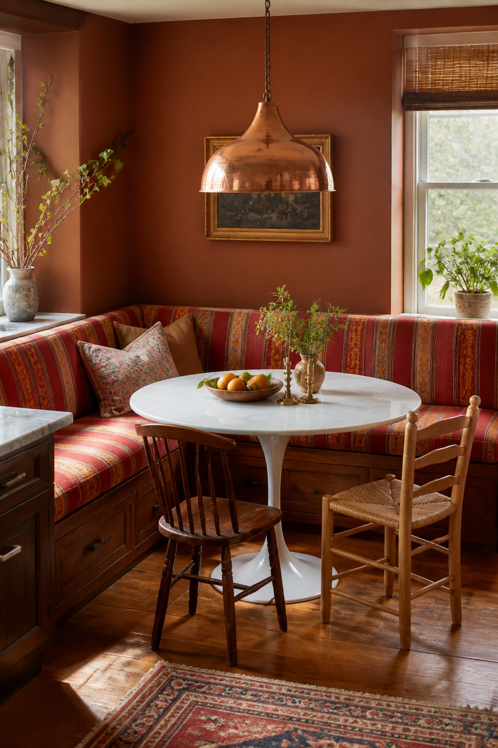 A built-in kitchen banquette upholstered in hand-woven stripe fabric creates a dining nook with the warm, communal character of a Latin American market café. Storage underneath makes it as practical as it is beautiful.