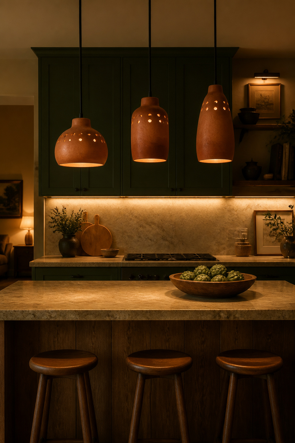 Three ceramic pendant lights paired with under-cabinet LED strips create the layered lighting system that separates a beautifully designed kitchen from a merely well-lit one. Each layer serves a distinct purpose.