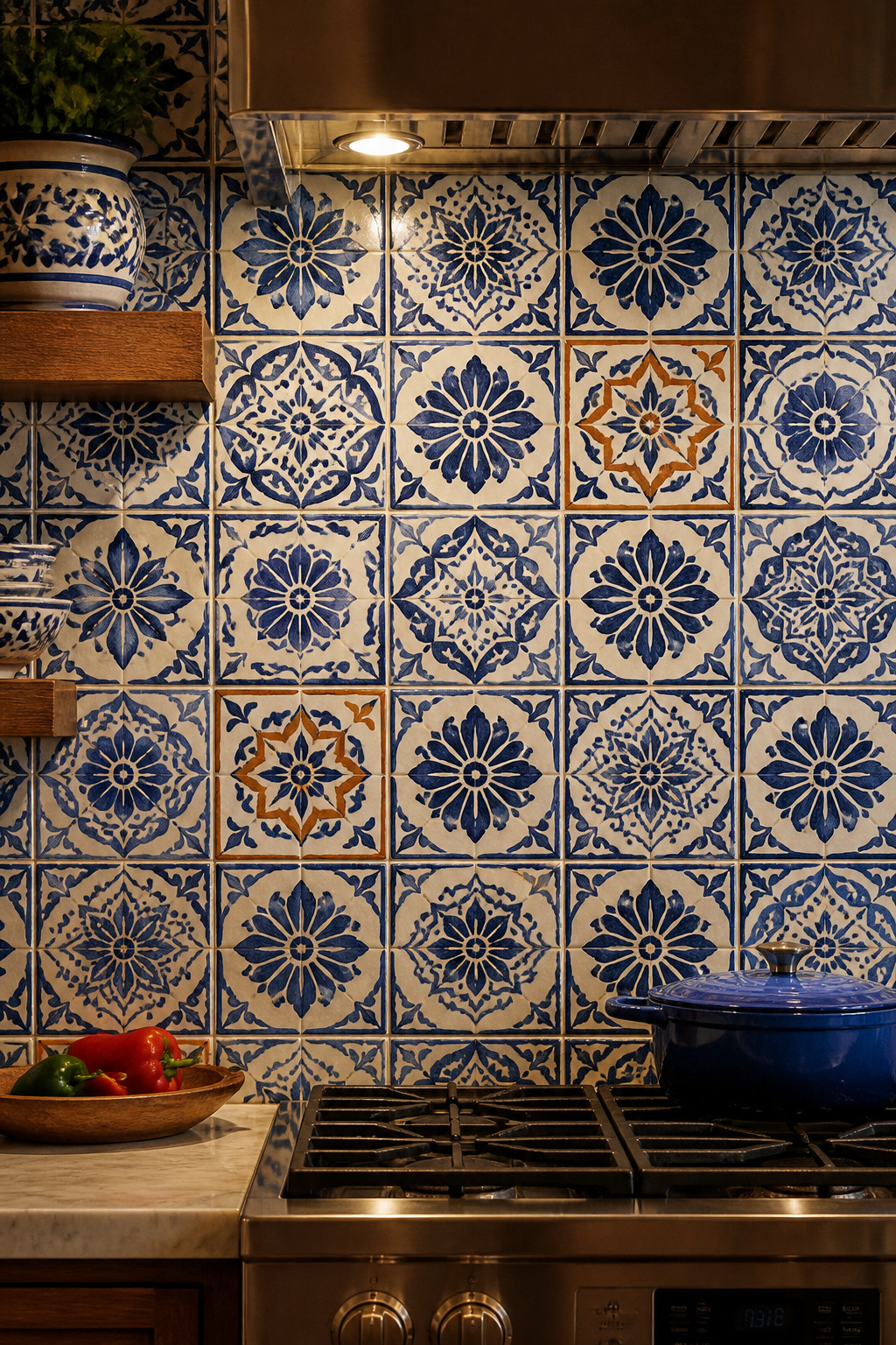 Authentic hand-painted Talavera backsplash tiles bring centuries of Mexican artisanal tradition into a contemporary kitchen. The natural glaze variations between tiles create a depth no machine-made alternative can replicate.
