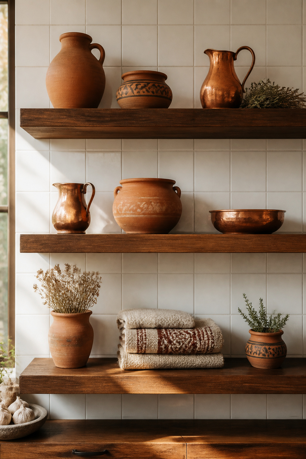 Curated open shelving with handmade terracotta pottery, copper vessels, and natural materials brings artisanal warmth to any kitchen. The key is negative space — not every inch needs an object.