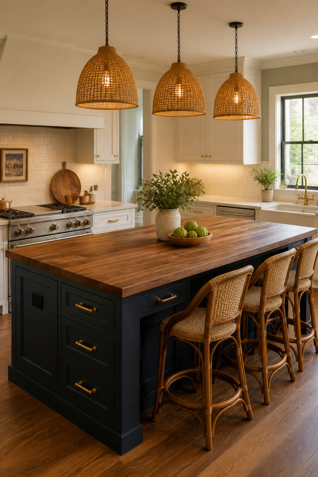 A dark navy island with walnut butcher block countertop and rattan pendants functions as both a design focal point and the kitchen's social center. The contrast with white perimeter cabinets gives the island the presence of a stand-alone piece of furniture.