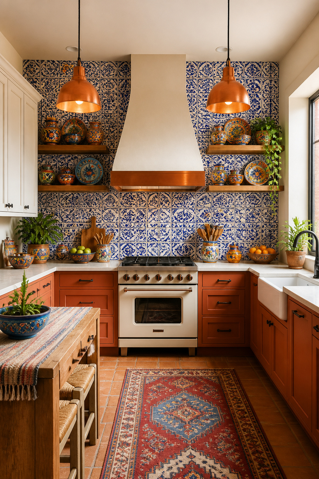 A kitchen inspired by Mexican and Moroccan design traditions: terracotta lower cabinets, cobalt Talavera tile, copper pendants, and handmade pottery on open shelves create a globally-inspired space with genuine cultural depth.