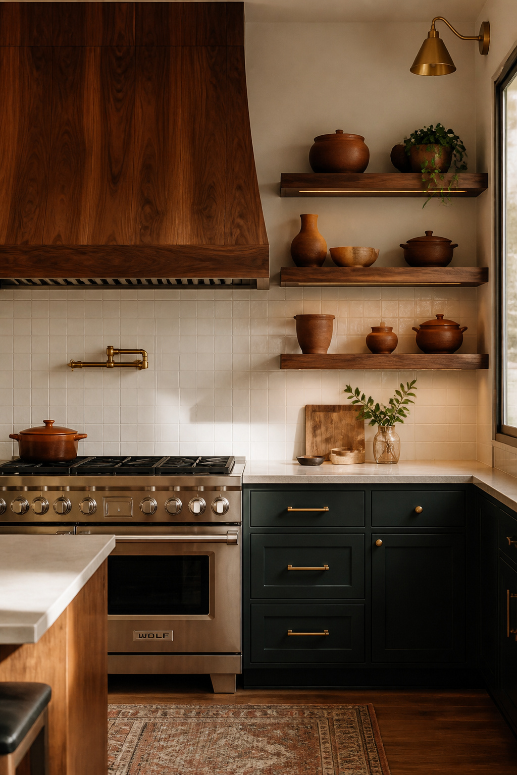 A walnut-clad range hood paired with matching open shelves creates a statement cooking wall that bridges contemporary kitchen design and artisanal craft. The wood grain and terracotta pottery connect to Latin American design traditions.