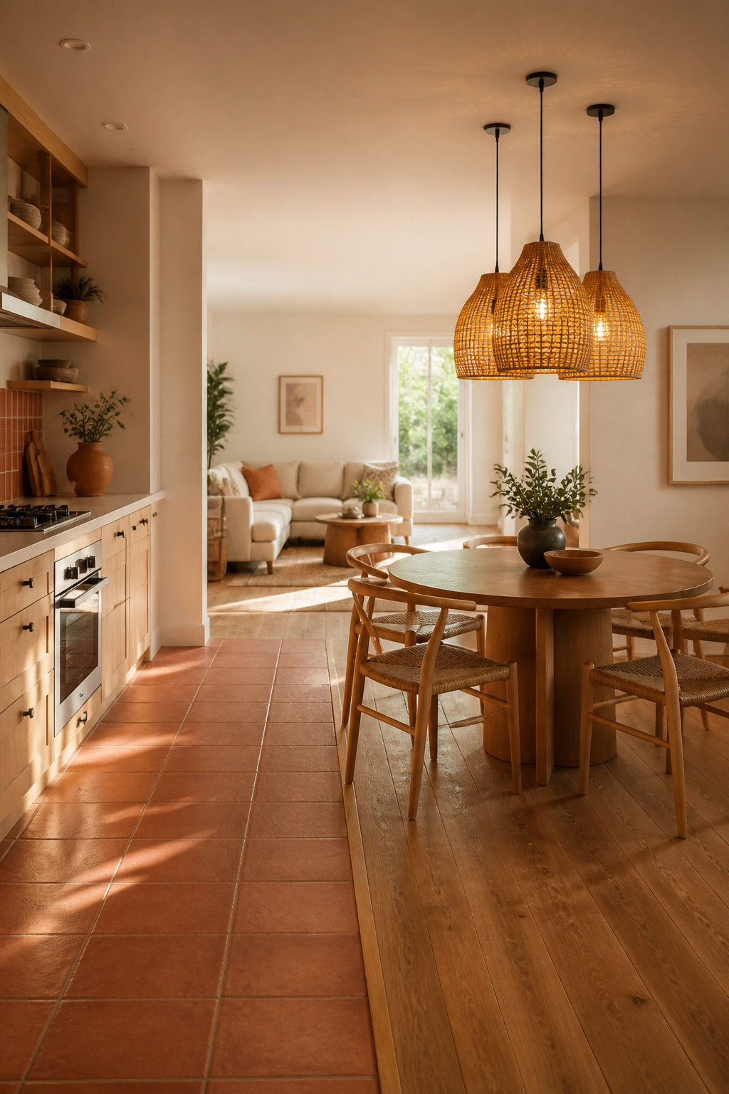 A flooring transition from terracotta kitchen tile to warm oak hardwood defines kitchen and dining zones without any physical wall. Three rattan pendants over the dining table create a 'ceiling zone' that reinforces the boundary.