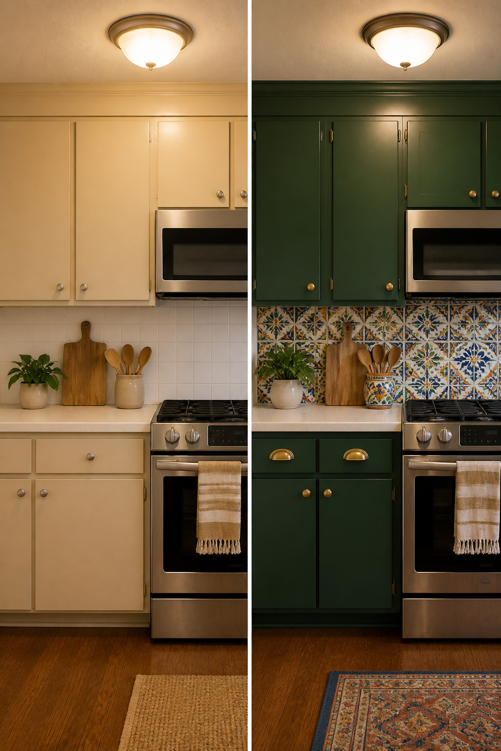 The highest-return budget kitchen remodel ideas are often the smallest: new hardware, fresh cabinet paint, and a handmade tile backsplash create a complete transformation without touching the cabinet boxes or plumbing.