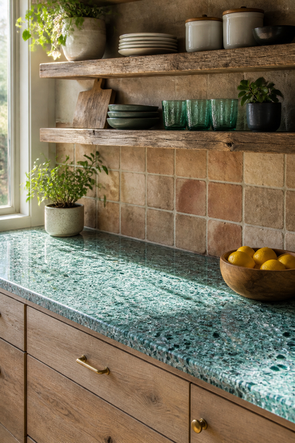 Recycled glass countertops (approximately 85% post-consumer glass) catch light uniquely with each surface being visually distinct. Paired with reclaimed timber shelving and natural clay tile, they create a kitchen where sustainability is visible in every surface.