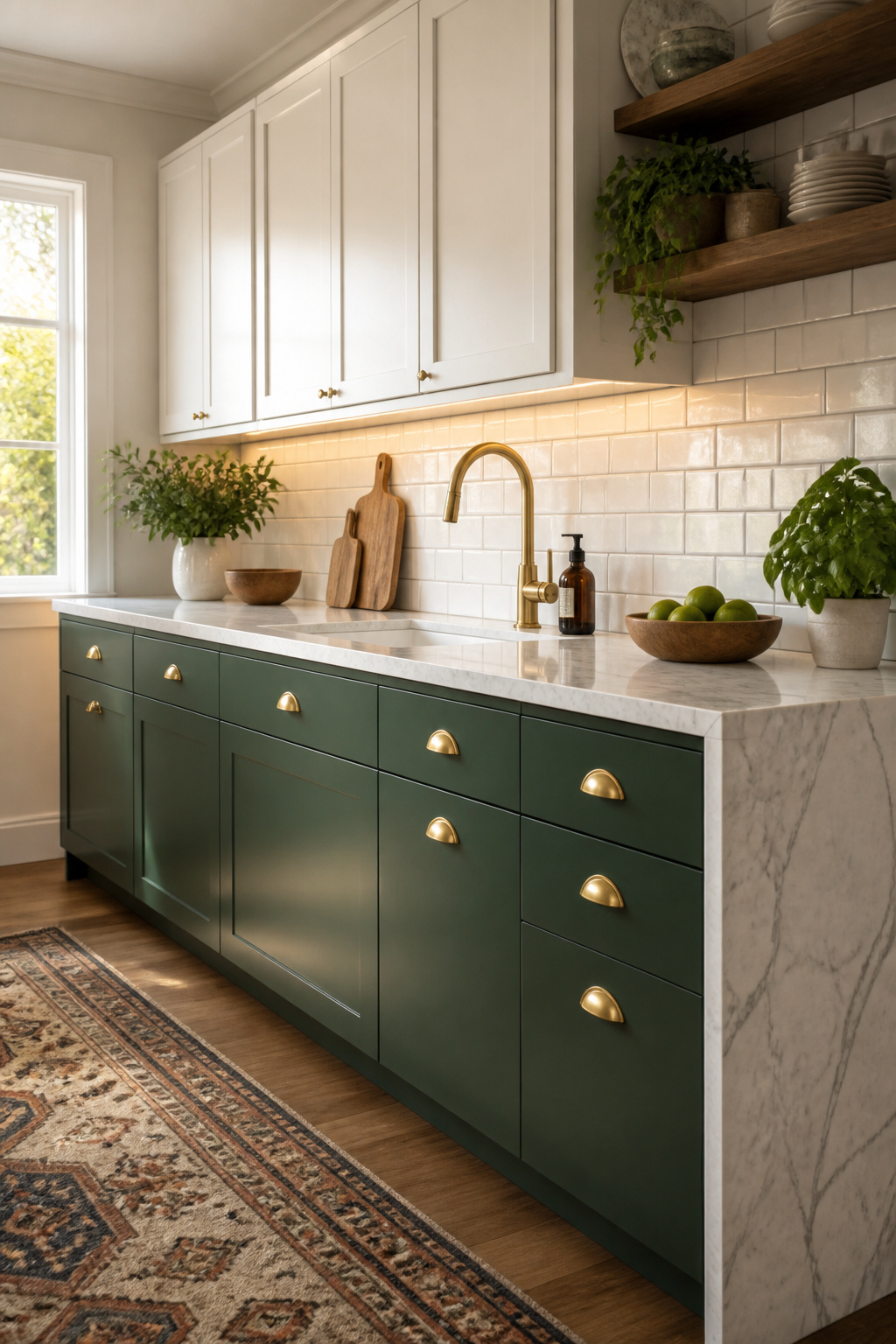Deep forest green lower cabinets paired with warm brass hardware and light marble create a bold but balanced kitchen palette. This two-tone approach delivers character without limiting resale appeal.