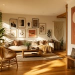 A living room styled with multiple living room art approaches — gallery wall, oversized canvas, and textile hanging — demonstrates how different art forms can coexist without competing. Each piece earns its place through scale, intention, and the human story behind it.