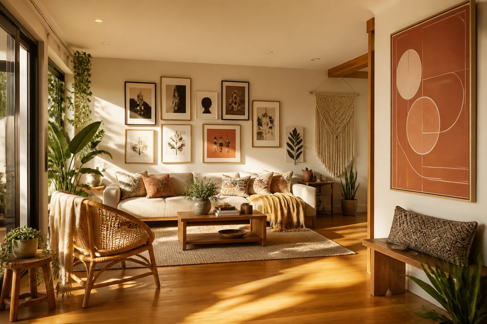 A living room styled with multiple living room art approaches — gallery wall, oversized canvas, and textile hanging — demonstrates how different art forms can coexist without competing. Each piece earns its place through scale, intention, and the human story behind it.
