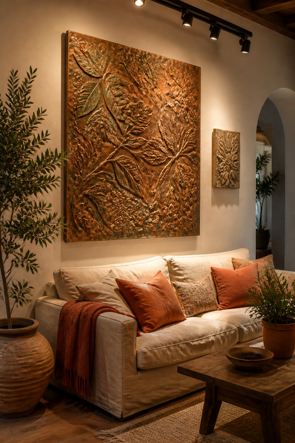 A hammered copper relief panel develops a warm patina over time, making it a living room art piece that changes with the years. Directional lighting at 30° maximises shadow play across the textured surface.