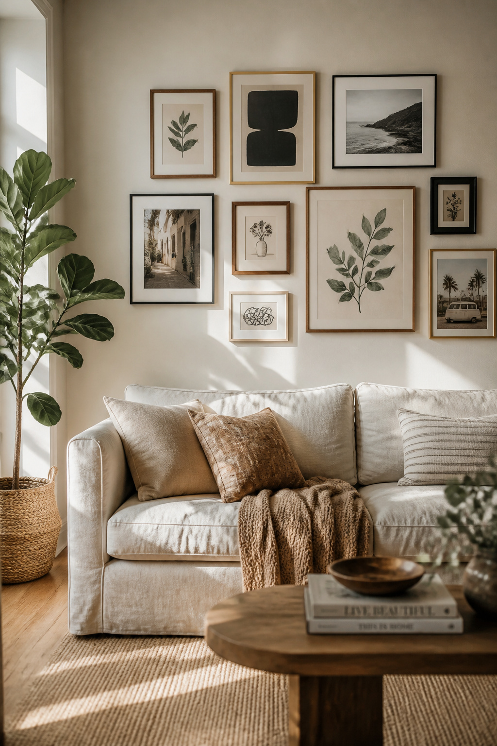A thoughtfully curated gallery wall of mixed frames and prints transforms a living room wall into a personal collection. The two-thirds rule keeps the arrangement visually anchored to the sofa below.