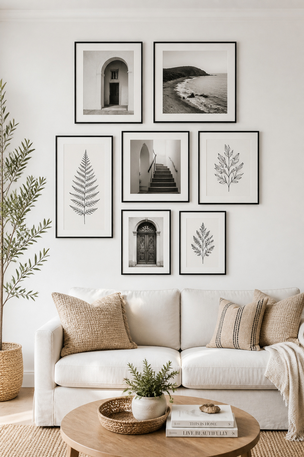 Mixing black-and-white photography with botanical line illustrations creates visual rhythm on a living room gallery wall. Consistent frame profiles and white matting unify the two media.