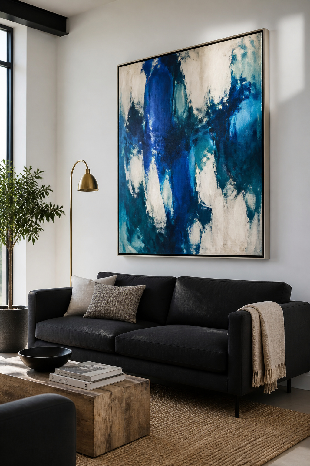 A large abstract expressionist canvas in cool cobalt tones brings visual energy to this contemporary living room without competing with the furniture for subject matter.