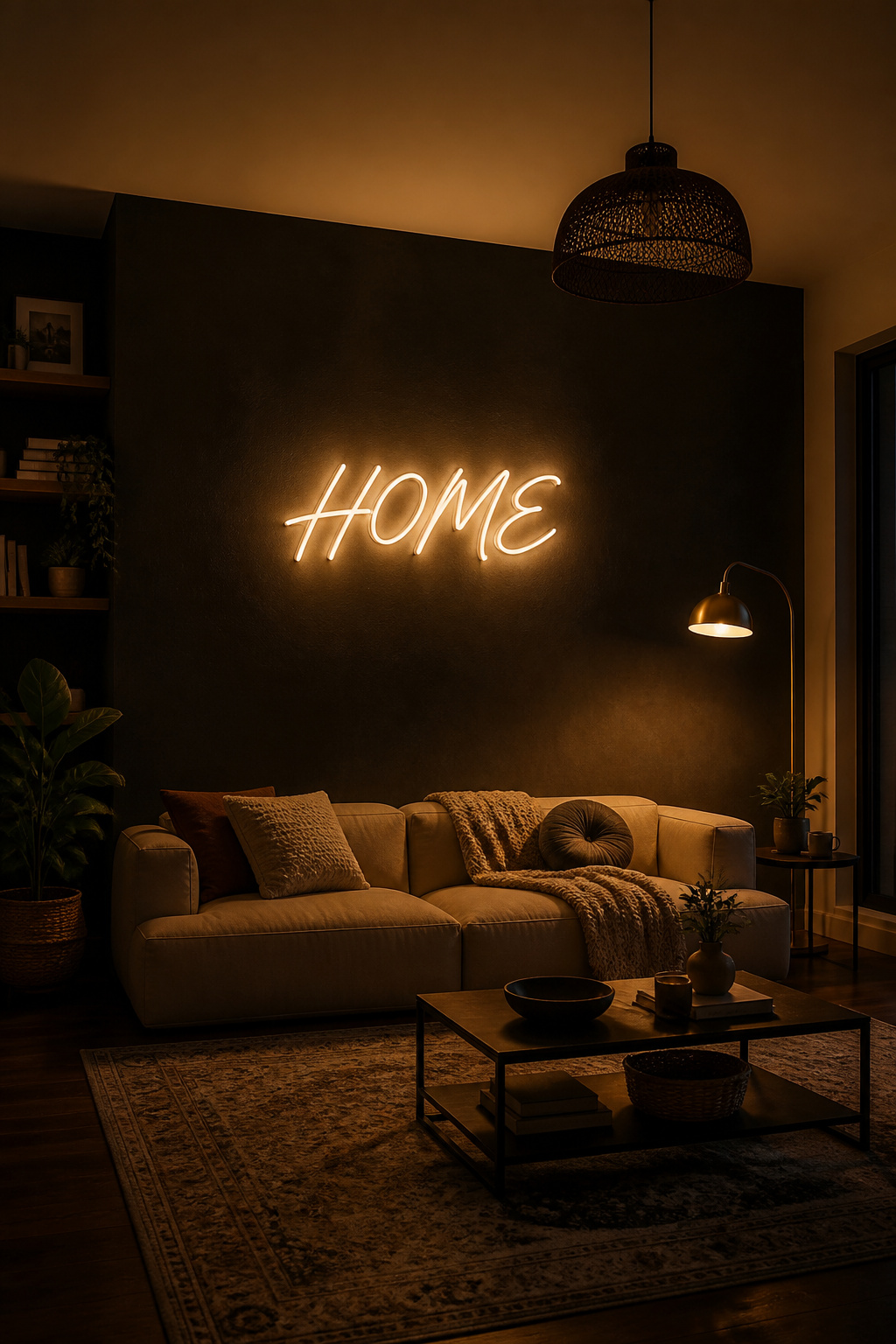 A warm-white LED neon 'HOME' sign on a dark feature wall transforms the living room atmosphere after dark in a way that no static artwork can match. Dimmed to 25%, it creates ambient glow rather than signage.