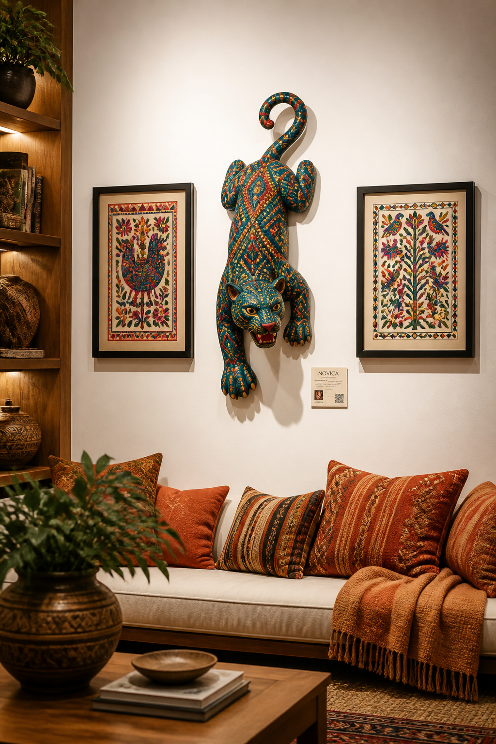 A hand-carved Mexican alebrijes piece brings vibrant colour and irreplaceable human energy to an eclectic living room wall. Platforms like NOVICA connect buyers with fair-trade artisans and include cultural context with each piece.