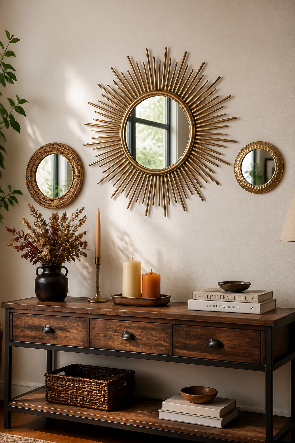 A sunburst mirror clustered with two smaller mirrors of different shapes and frames creates a sculptural wall statement. The central mirror should span at least 30 inches total diameter to function as living room art rather than a simple accessory.
