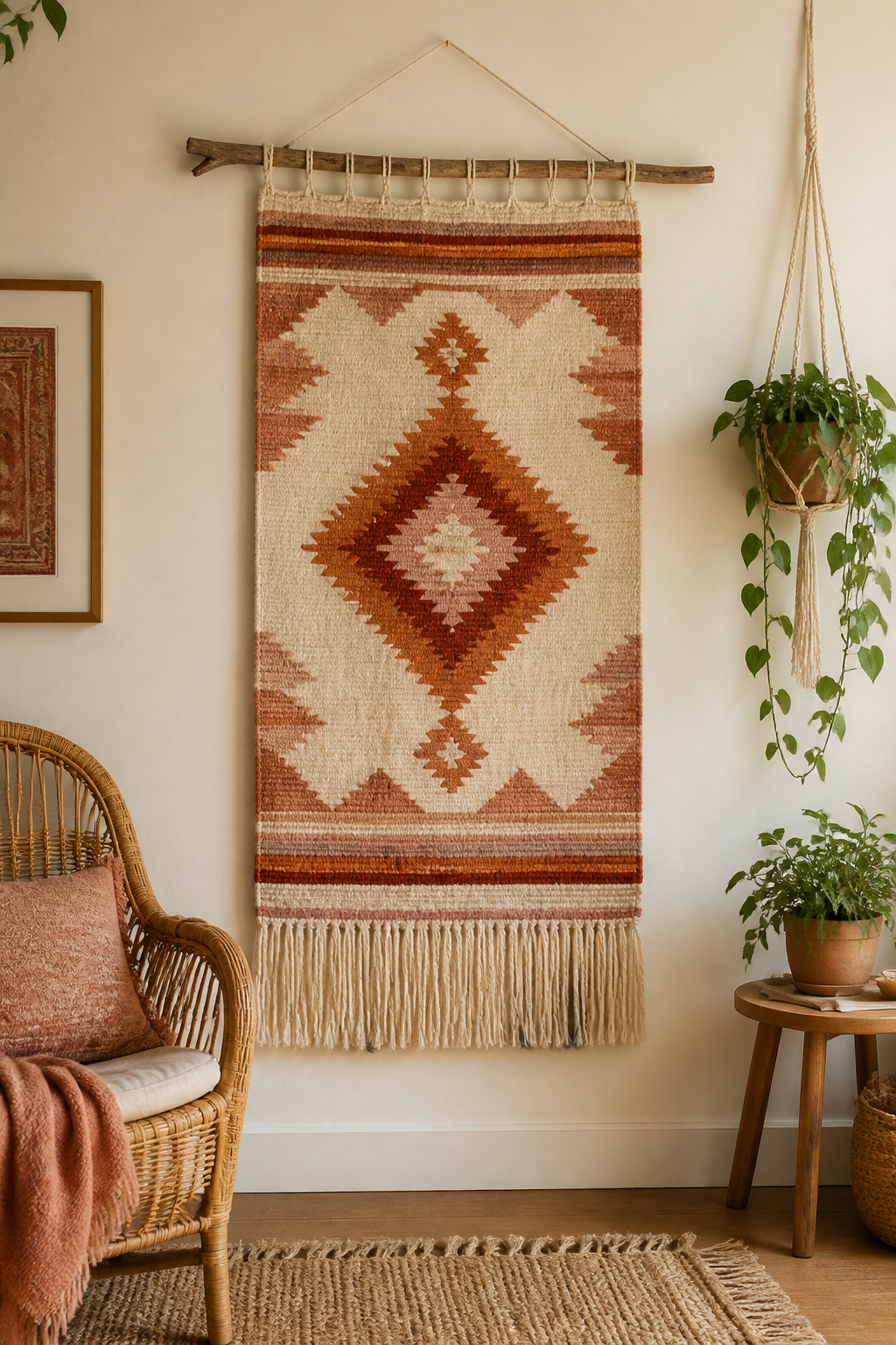 A hand-woven wool textile wall hanging brings acoustic softness and artisanal warmth that no print can match. Natural fibres and earthy tones connect this piece to centuries of Andean craft tradition.